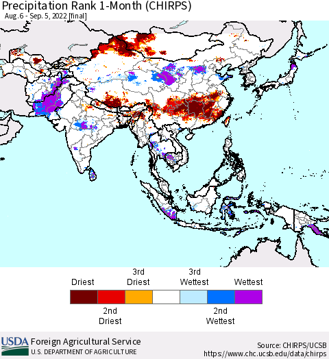 Asia Precipitation Rank since 1981, 1-Month (CHIRPS) Thematic Map For 8/6/2022 - 9/5/2022
