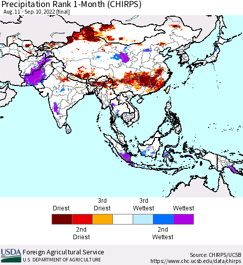 Asia Precipitation Rank since 1981, 1-Month (CHIRPS) Thematic Map For 8/11/2022 - 9/10/2022