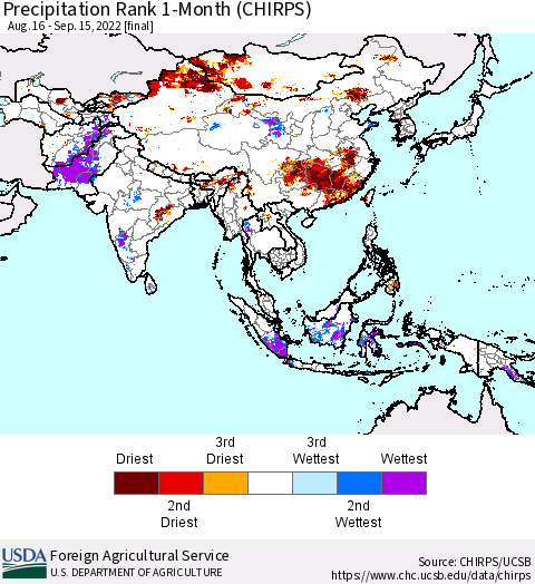 Asia Precipitation Rank since 1981, 1-Month (CHIRPS) Thematic Map For 8/16/2022 - 9/15/2022