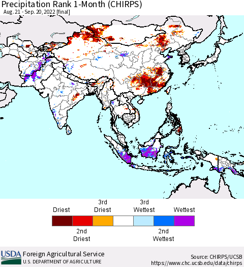 Asia Precipitation Rank since 1981, 1-Month (CHIRPS) Thematic Map For 8/21/2022 - 9/20/2022