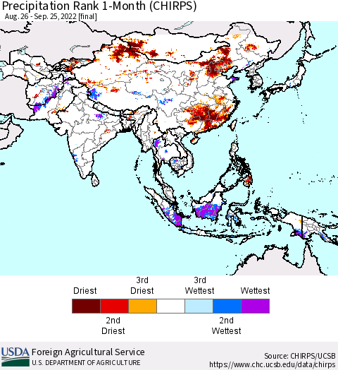 Asia Precipitation Rank since 1981, 1-Month (CHIRPS) Thematic Map For 8/26/2022 - 9/25/2022