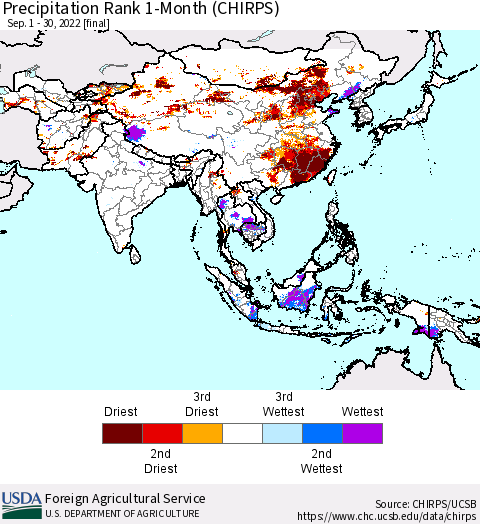 Asia Precipitation Rank since 1981, 1-Month (CHIRPS) Thematic Map For 9/1/2022 - 9/30/2022