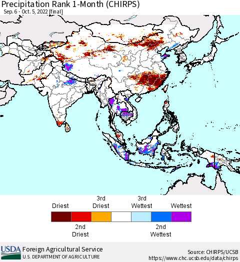 Asia Precipitation Rank since 1981, 1-Month (CHIRPS) Thematic Map For 9/6/2022 - 10/5/2022