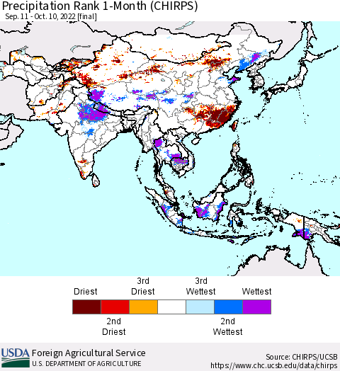 Asia Precipitation Rank since 1981, 1-Month (CHIRPS) Thematic Map For 9/11/2022 - 10/10/2022