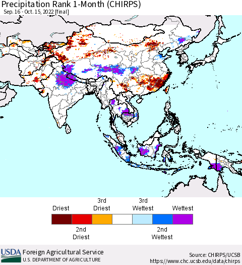 Asia Precipitation Rank since 1981, 1-Month (CHIRPS) Thematic Map For 9/16/2022 - 10/15/2022