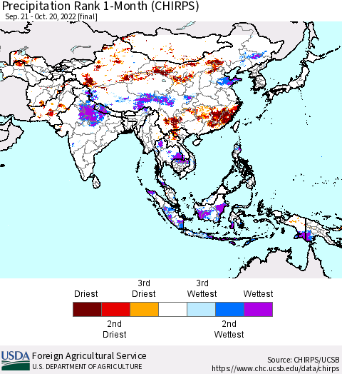 Asia Precipitation Rank since 1981, 1-Month (CHIRPS) Thematic Map For 9/21/2022 - 10/20/2022