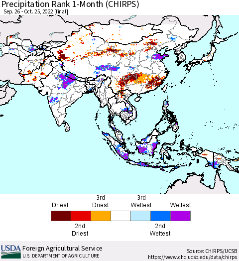 Asia Precipitation Rank since 1981, 1-Month (CHIRPS) Thematic Map For 9/26/2022 - 10/25/2022