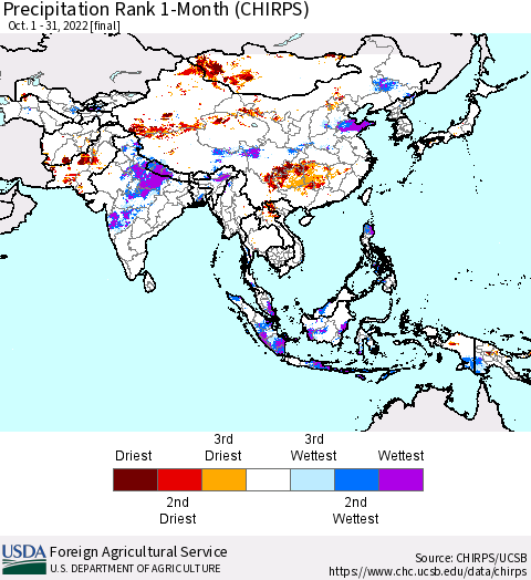 Asia Precipitation Rank since 1981, 1-Month (CHIRPS) Thematic Map For 10/1/2022 - 10/31/2022