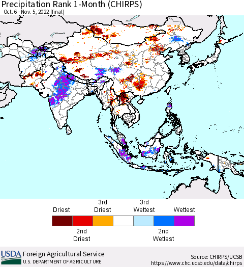 Asia Precipitation Rank since 1981, 1-Month (CHIRPS) Thematic Map For 10/6/2022 - 11/5/2022