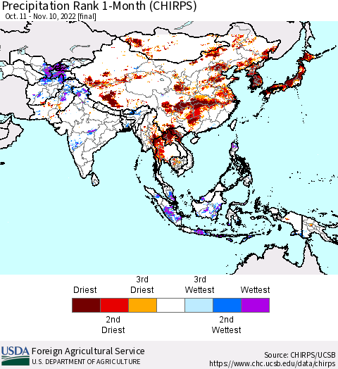 Asia Precipitation Rank since 1981, 1-Month (CHIRPS) Thematic Map For 10/11/2022 - 11/10/2022