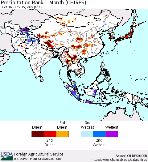 Asia Precipitation Rank since 1981, 1-Month (CHIRPS) Thematic Map For 10/16/2022 - 11/15/2022