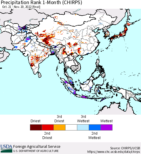Asia Precipitation Rank since 1981, 1-Month (CHIRPS) Thematic Map For 10/21/2022 - 11/20/2022