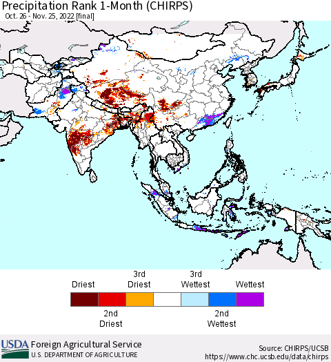 Asia Precipitation Rank since 1981, 1-Month (CHIRPS) Thematic Map For 10/26/2022 - 11/25/2022