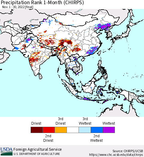 Asia Precipitation Rank since 1981, 1-Month (CHIRPS) Thematic Map For 11/1/2022 - 11/30/2022