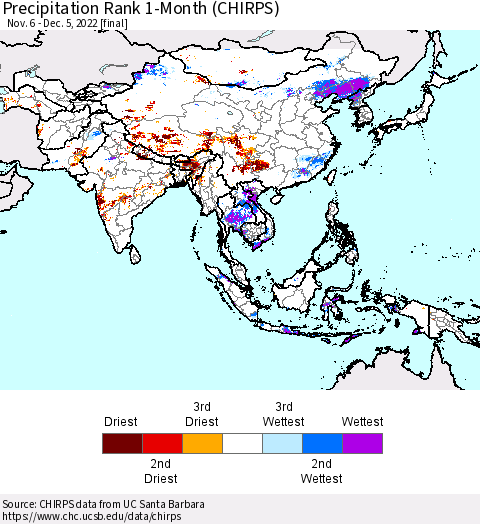 Asia Precipitation Rank since 1981, 1-Month (CHIRPS) Thematic Map For 11/6/2022 - 12/5/2022