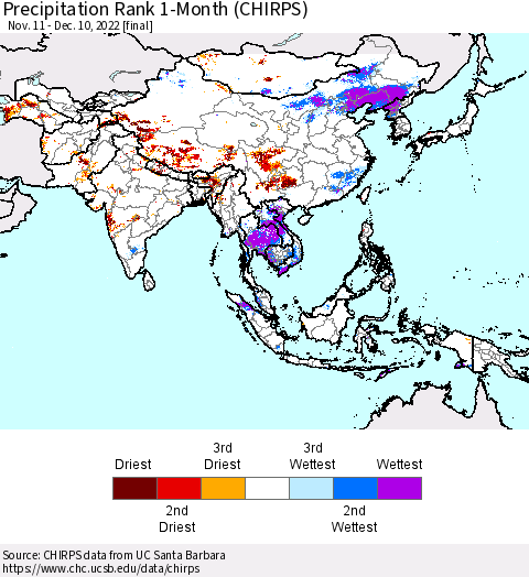Asia Precipitation Rank since 1981, 1-Month (CHIRPS) Thematic Map For 11/11/2022 - 12/10/2022