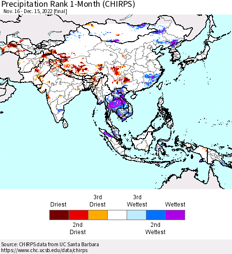 Asia Precipitation Rank since 1981, 1-Month (CHIRPS) Thematic Map For 11/16/2022 - 12/15/2022