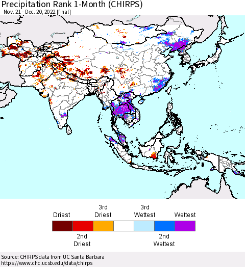 Asia Precipitation Rank since 1981, 1-Month (CHIRPS) Thematic Map For 11/21/2022 - 12/20/2022