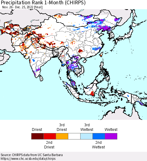 Asia Precipitation Rank since 1981, 1-Month (CHIRPS) Thematic Map For 11/26/2022 - 12/25/2022