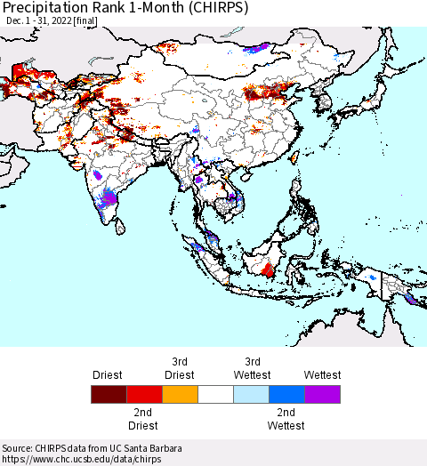 Asia Precipitation Rank since 1981, 1-Month (CHIRPS) Thematic Map For 12/1/2022 - 12/31/2022