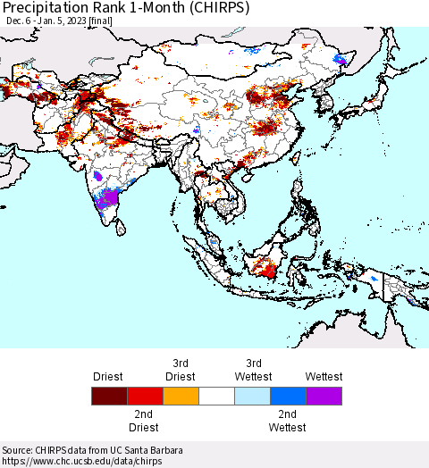 Asia Precipitation Rank since 1981, 1-Month (CHIRPS) Thematic Map For 12/6/2022 - 1/5/2023