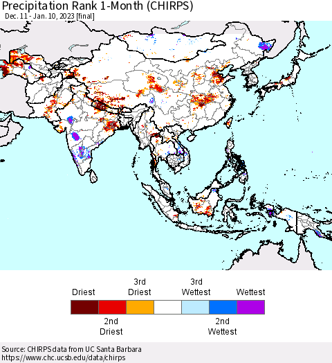 Asia Precipitation Rank since 1981, 1-Month (CHIRPS) Thematic Map For 12/11/2022 - 1/10/2023