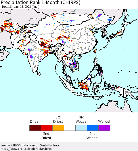 Asia Precipitation Rank since 1981, 1-Month (CHIRPS) Thematic Map For 12/16/2022 - 1/15/2023