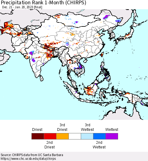 Asia Precipitation Rank since 1981, 1-Month (CHIRPS) Thematic Map For 12/21/2022 - 1/20/2023