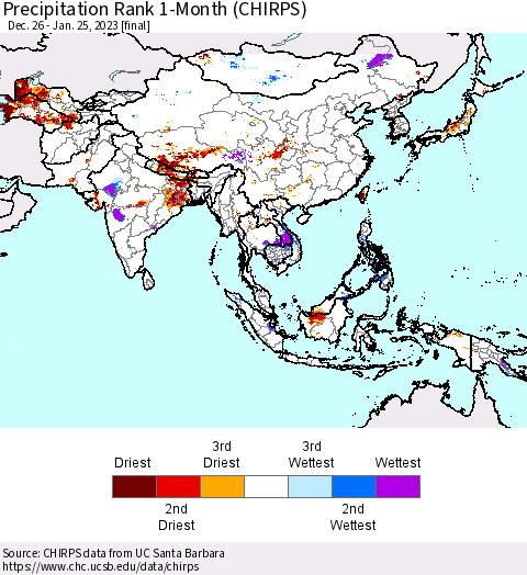 Asia Precipitation Rank since 1981, 1-Month (CHIRPS) Thematic Map For 12/26/2022 - 1/25/2023