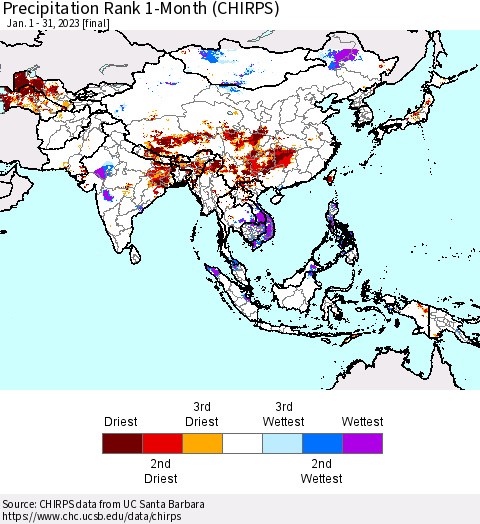 Asia Precipitation Rank since 1981, 1-Month (CHIRPS) Thematic Map For 1/1/2023 - 1/31/2023
