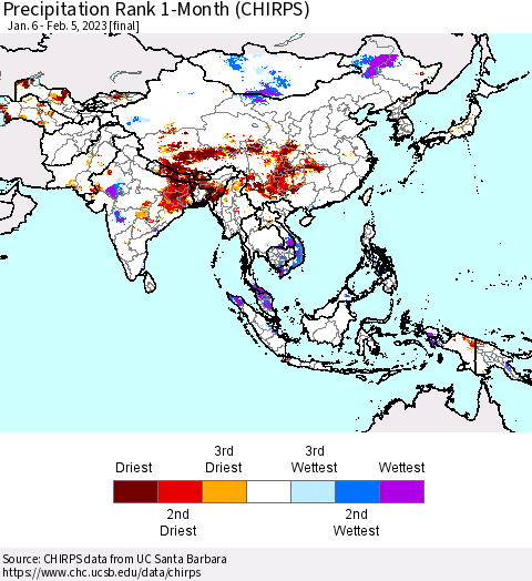 Asia Precipitation Rank since 1981, 1-Month (CHIRPS) Thematic Map For 1/6/2023 - 2/5/2023