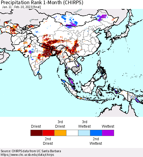 Asia Precipitation Rank since 1981, 1-Month (CHIRPS) Thematic Map For 1/11/2023 - 2/10/2023
