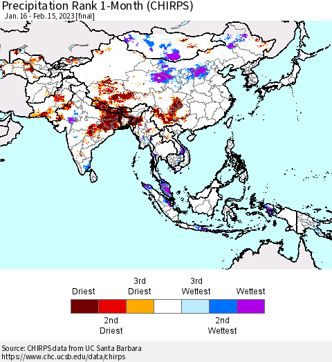 Asia Precipitation Rank since 1981, 1-Month (CHIRPS) Thematic Map For 1/16/2023 - 2/15/2023