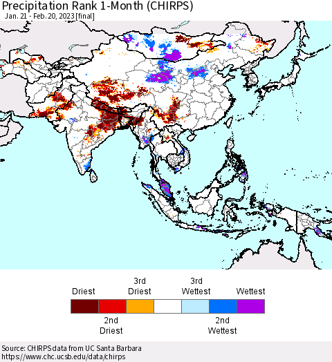 Asia Precipitation Rank since 1981, 1-Month (CHIRPS) Thematic Map For 1/21/2023 - 2/20/2023
