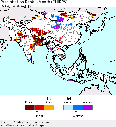 Asia Precipitation Rank since 1981, 1-Month (CHIRPS) Thematic Map For 1/26/2023 - 2/25/2023