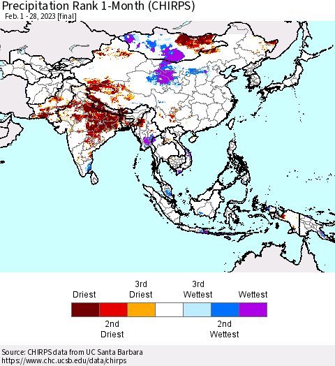 Asia Precipitation Rank since 1981, 1-Month (CHIRPS) Thematic Map For 2/1/2023 - 2/28/2023