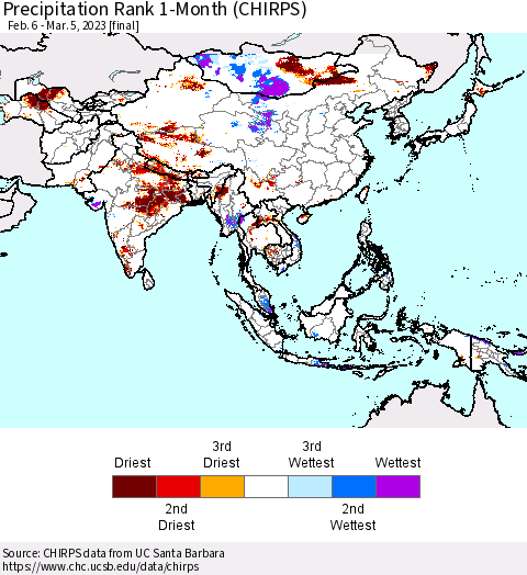 Asia Precipitation Rank since 1981, 1-Month (CHIRPS) Thematic Map For 2/6/2023 - 3/5/2023