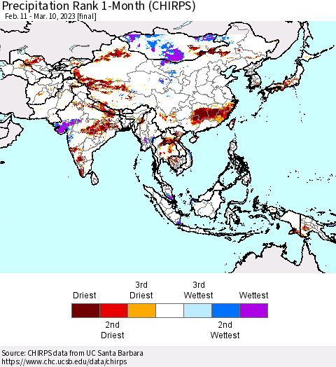 Asia Precipitation Rank since 1981, 1-Month (CHIRPS) Thematic Map For 2/11/2023 - 3/10/2023