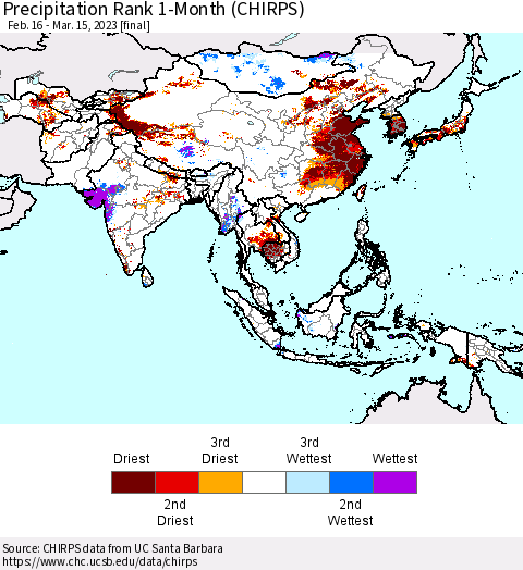 Asia Precipitation Rank since 1981, 1-Month (CHIRPS) Thematic Map For 2/16/2023 - 3/15/2023