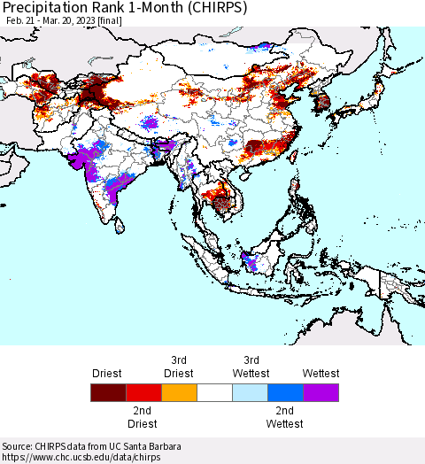 Asia Precipitation Rank since 1981, 1-Month (CHIRPS) Thematic Map For 2/21/2023 - 3/20/2023
