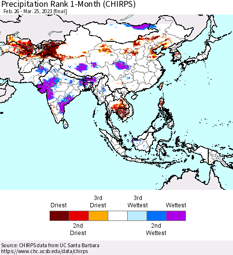 Asia Precipitation Rank since 1981, 1-Month (CHIRPS) Thematic Map For 2/26/2023 - 3/25/2023