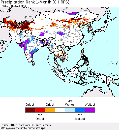 Asia Precipitation Rank since 1981, 1-Month (CHIRPS) Thematic Map For 3/1/2023 - 3/31/2023