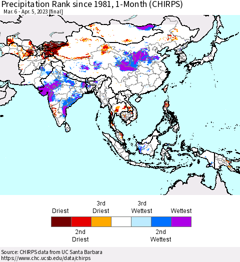 Asia Precipitation Rank since 1981, 1-Month (CHIRPS) Thematic Map For 3/6/2023 - 4/5/2023