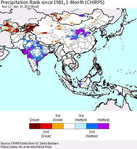 Asia Precipitation Rank since 1981, 1-Month (CHIRPS) Thematic Map For 3/11/2023 - 4/10/2023