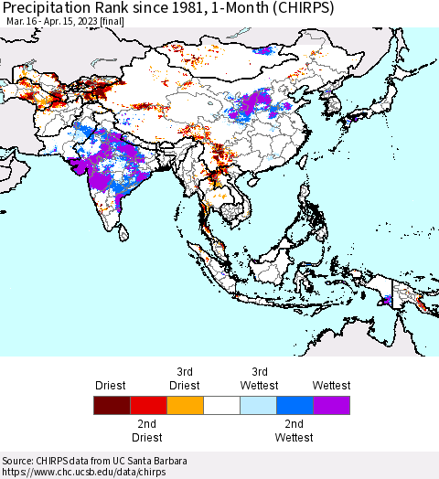 Asia Precipitation Rank since 1981, 1-Month (CHIRPS) Thematic Map For 3/16/2023 - 4/15/2023