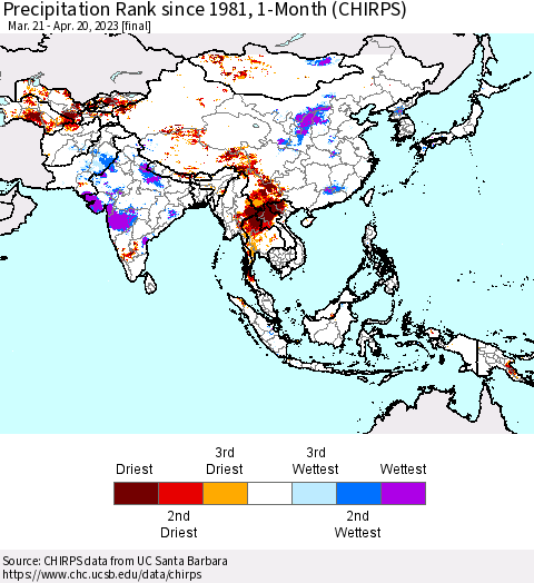 Asia Precipitation Rank since 1981, 1-Month (CHIRPS) Thematic Map For 3/21/2023 - 4/20/2023