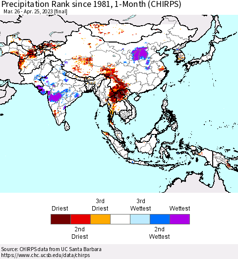 Asia Precipitation Rank since 1981, 1-Month (CHIRPS) Thematic Map For 3/26/2023 - 4/25/2023