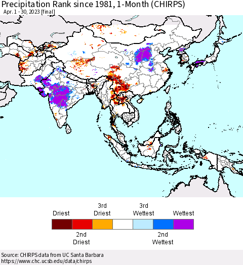 Asia Precipitation Rank since 1981, 1-Month (CHIRPS) Thematic Map For 4/1/2023 - 4/30/2023