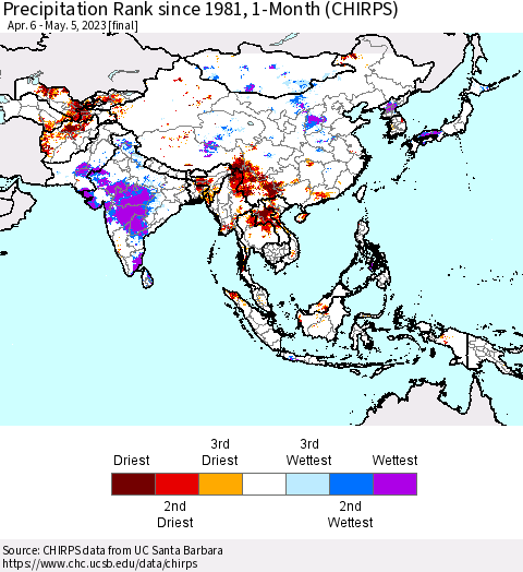 Asia Precipitation Rank since 1981, 1-Month (CHIRPS) Thematic Map For 4/6/2023 - 5/5/2023