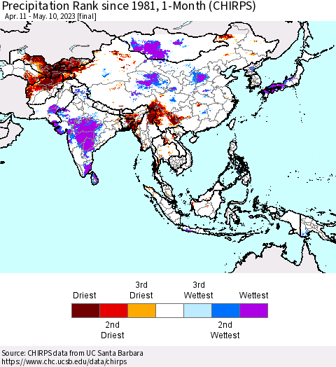 Asia Precipitation Rank since 1981, 1-Month (CHIRPS) Thematic Map For 4/11/2023 - 5/10/2023
